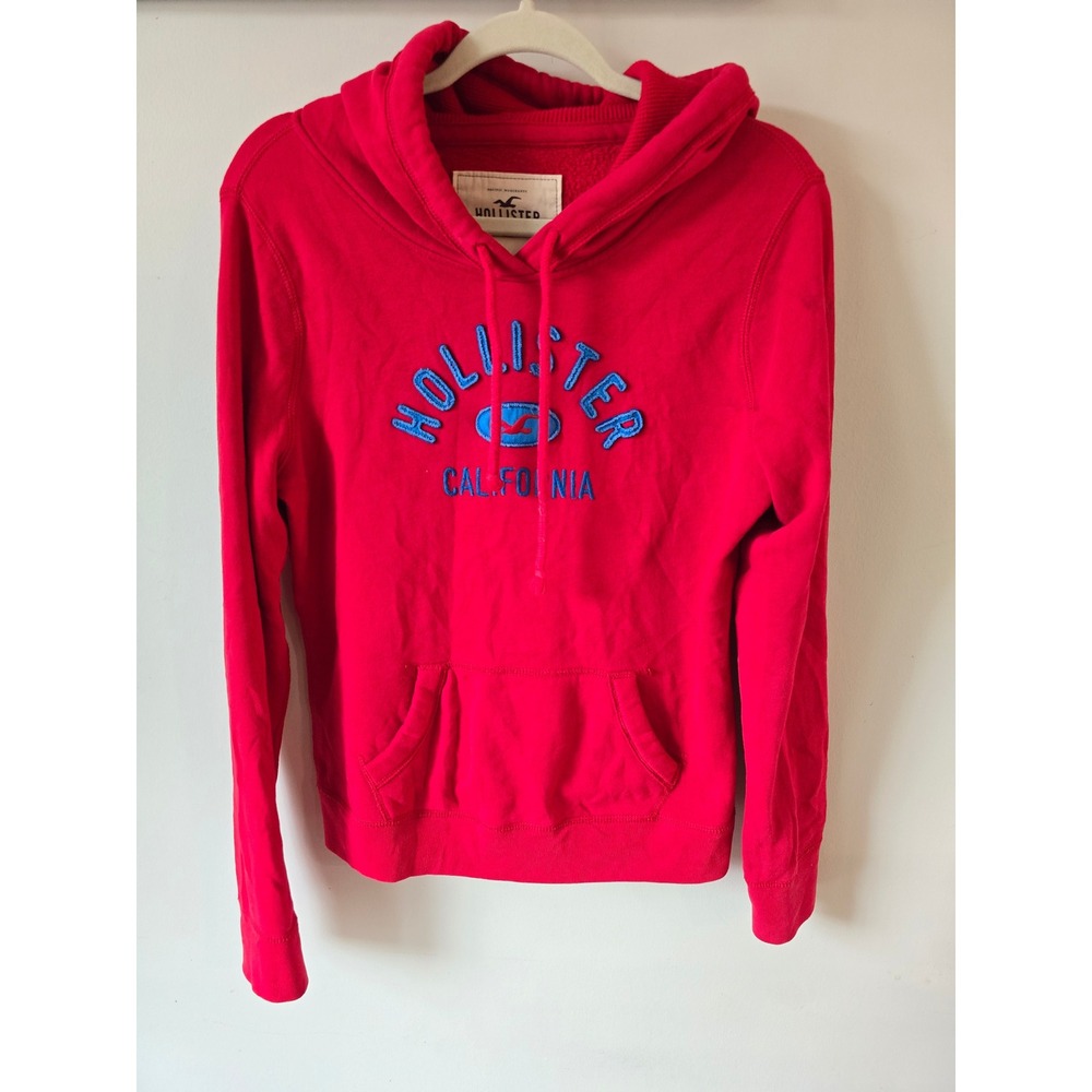 Hollister California Red Pullover Hoodie Blue Chenille Logo Large Long Sleeve
